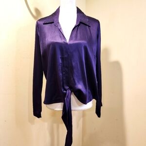 Casual Corner Women's Elegant Purple Satin Silk Blouse with Beaded Collar 12